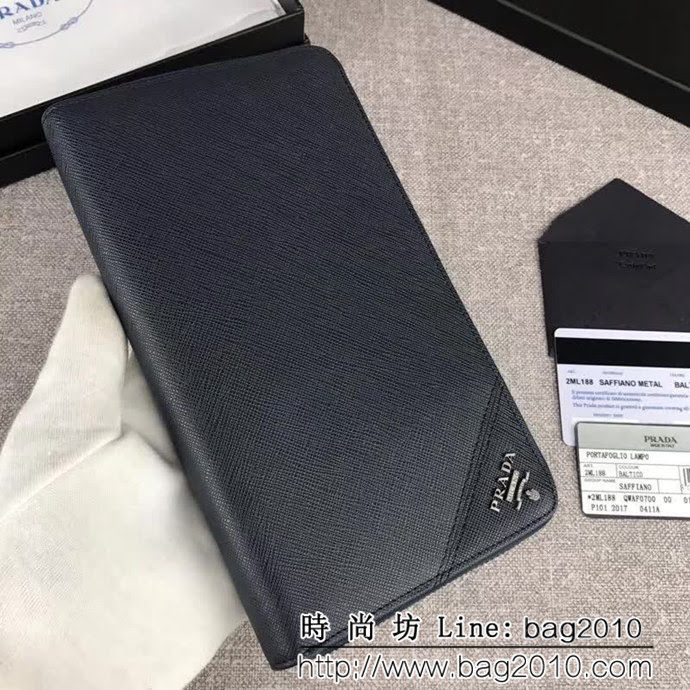 PRADA普拉達 專櫃最新爆款 十字紋牛皮 男士大號單拉鏈錢包 2ML188 DD1879